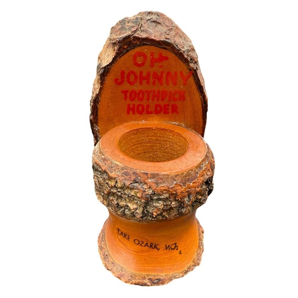 🪵 Vintage Lake Ozark MO Wooden Bark Toothpick Holder Rustic Souvenir